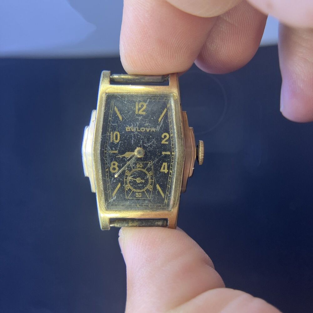 Vintage Bulova Art Deco Tonneau 10K RGP Black Dial Sub-Seconds 1940s Watch Runs